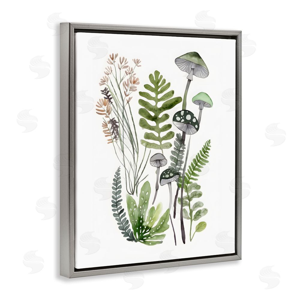 Petal Prints Design Green Mushroom Botanicals Grey Floating Frame Canvas Wall Art Print