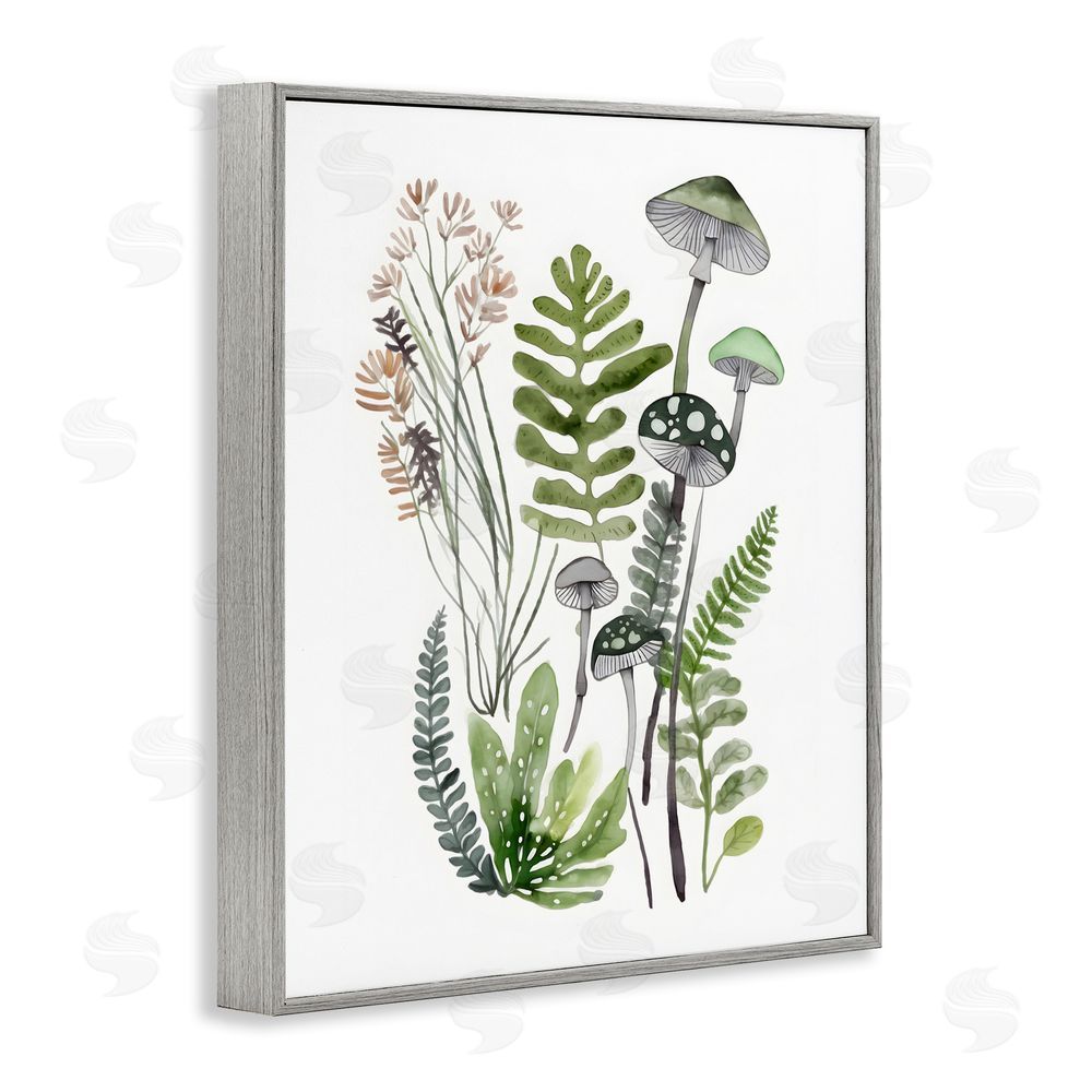 Petal Prints Design Green Mushroom Botanicals Gray Framed Giclee Wall Art Print