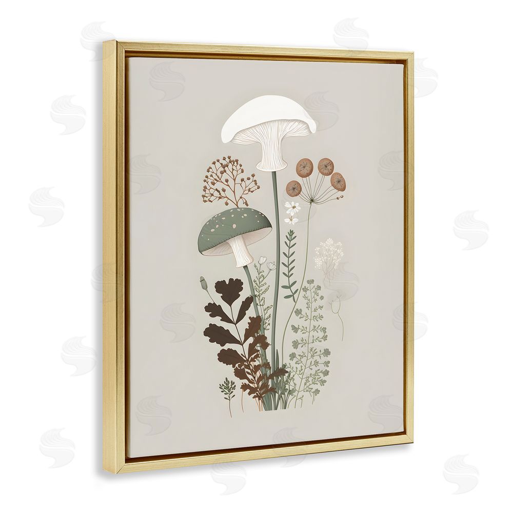 Petal Prints Design Soft Mushrooms on Grey Gold Floating Frame Canvas Wall Art Print