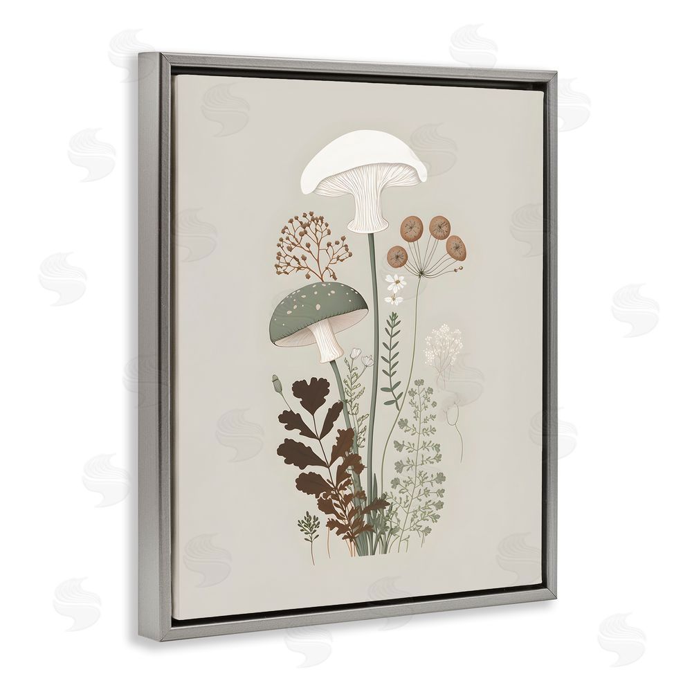 Petal Prints Design Soft Mushrooms on Grey Grey Floating Frame Canvas Wall Art Print