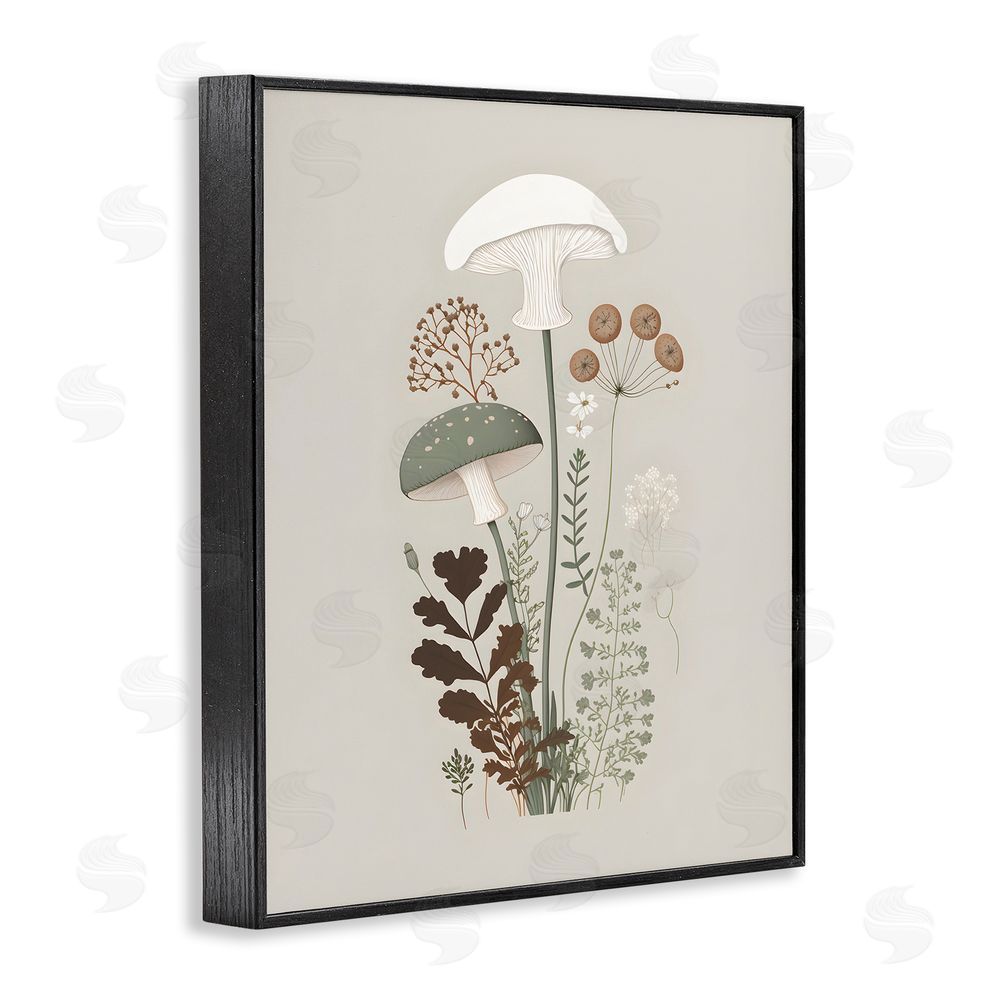 Petal Prints Design Soft Mushrooms on Grey Black Framed Giclee Wall Art Print