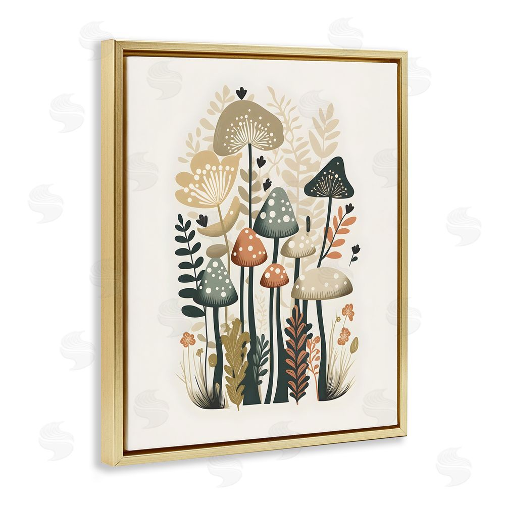 Petal Prints Design Whimsical Mushroom Botanicals Gold Floating Frame Canvas Wall Art Print