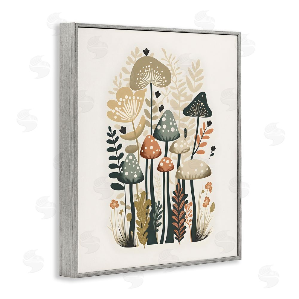 Petal Prints Design Whimsical Mushroom Botanicals Gray Framed Giclee Wall Art Print