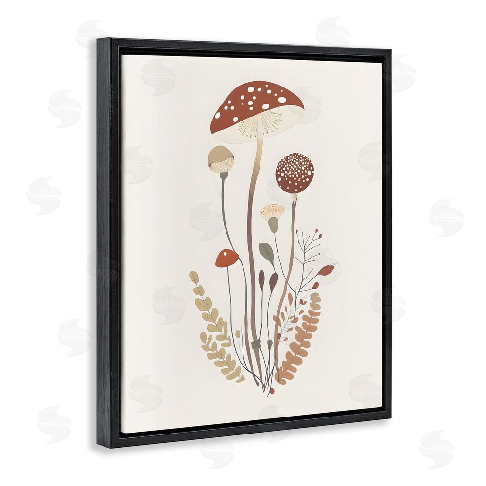 Petal Prints Design Mushrooms & Fern Sprigs Black Floating Frame Canvas Wall Art Print