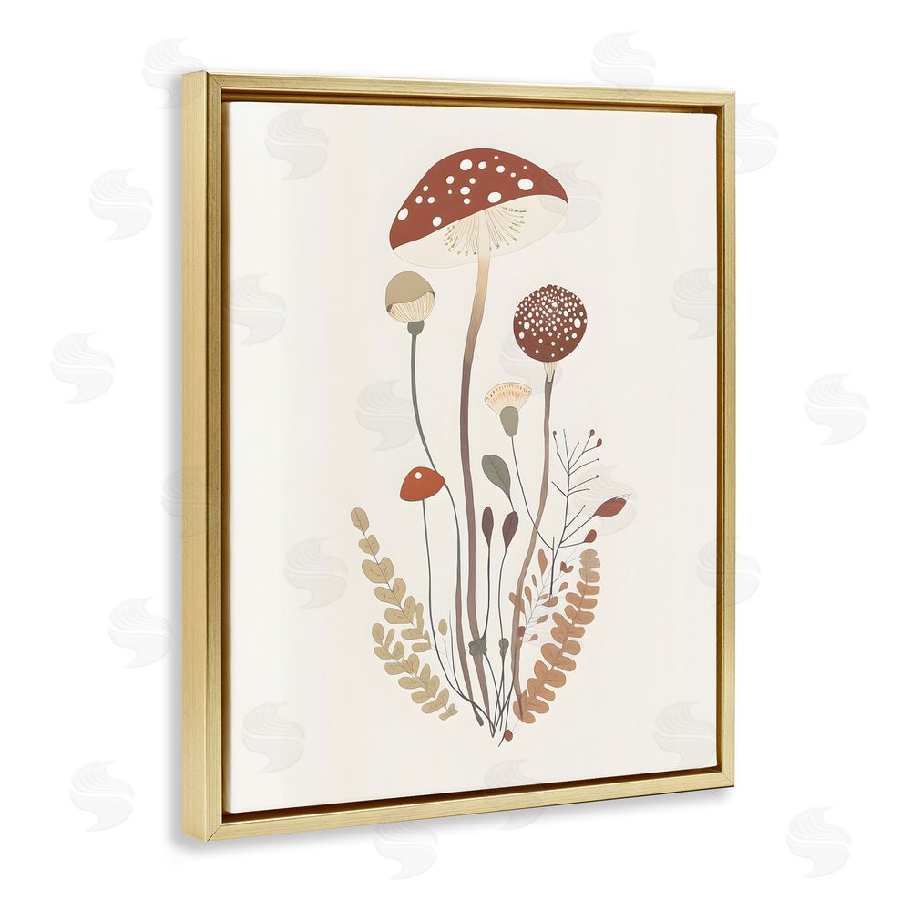 Petal Prints Design Mushrooms & Fern Sprigs Gold Floating Frame Canvas Wall Art Print