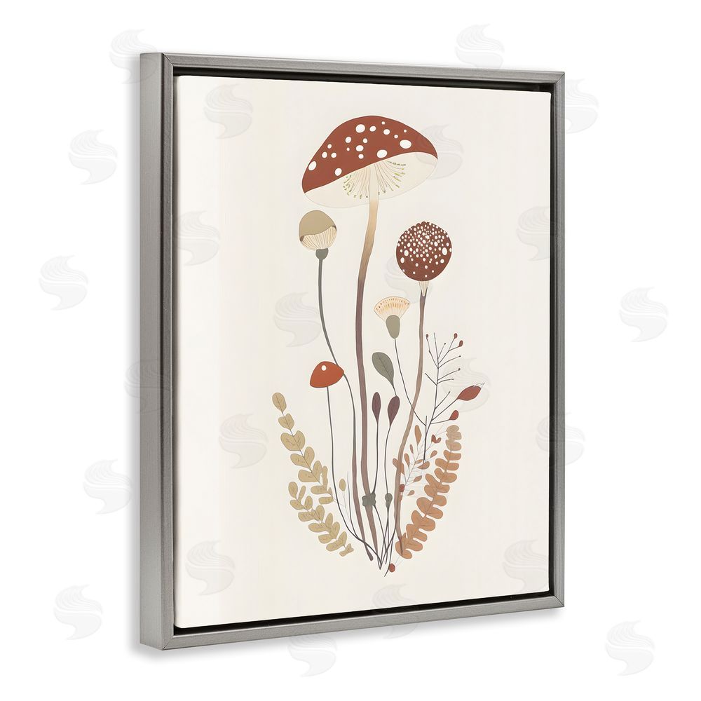 Petal Prints Design Mushrooms & Fern Sprigs Grey Floating Frame Canvas Wall Art Print