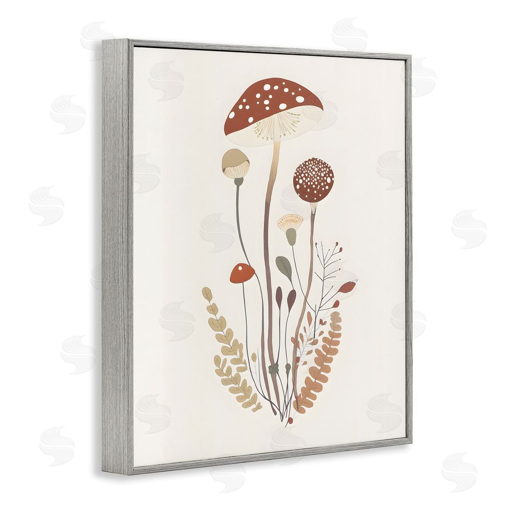 Petal Prints Design Mushrooms & Fern Sprigs Gray Framed Giclee Wall Art Print