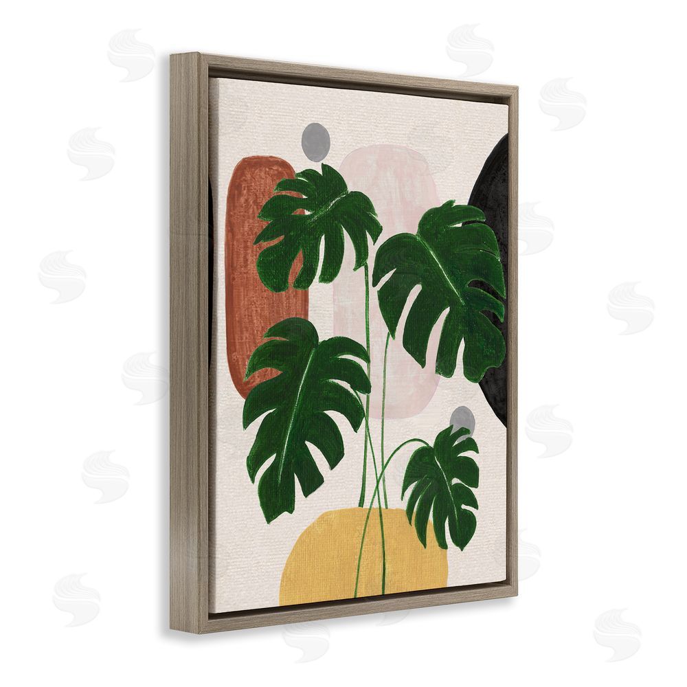 Janet Tava Boho Monstera with Shapes Brown Floating Frame Canvas Wall Art Print