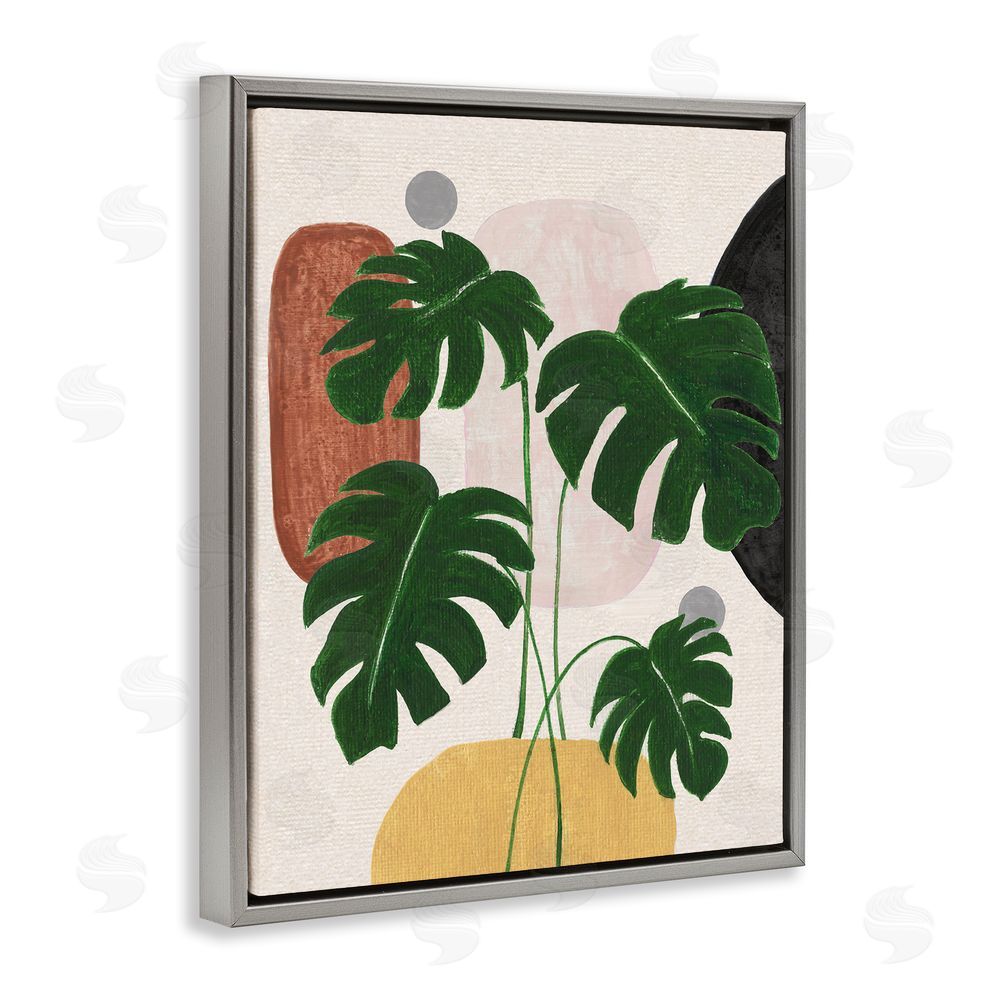 Janet Tava Boho Monstera with Shapes Grey Floating Frame Canvas Wall Art Print