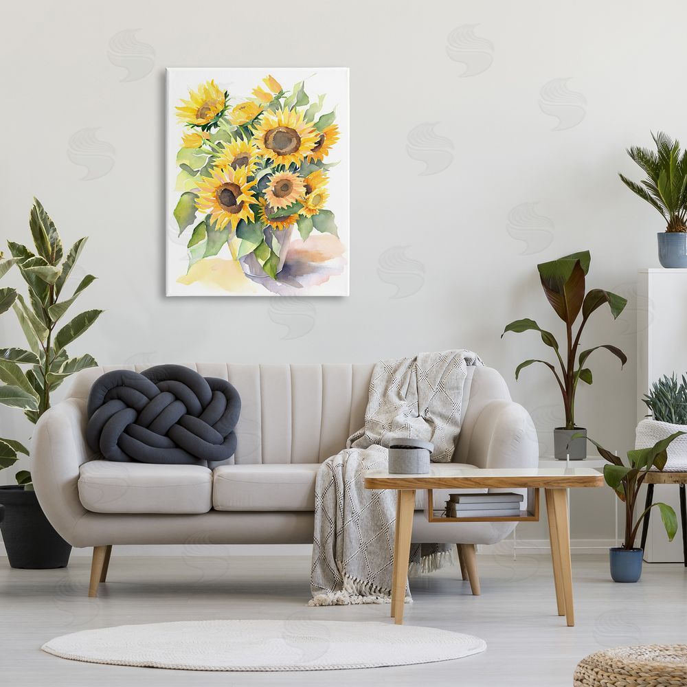 Petal Prints Design Modern Sunflowers on White Canvas Wall Art Print in Room