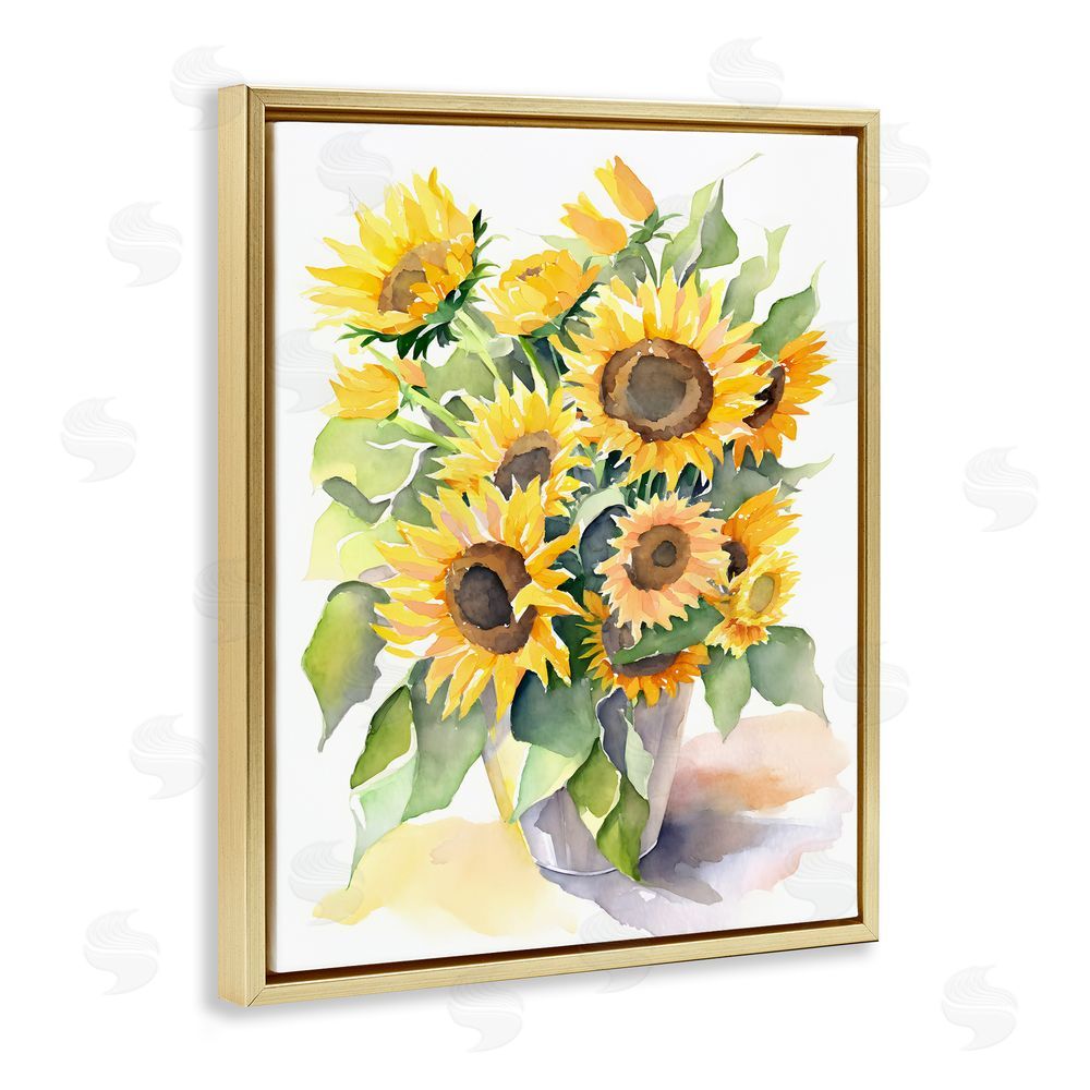 Petal Prints Design Modern Sunflowers on White Gold Floating Frame Canvas Wall Art Print