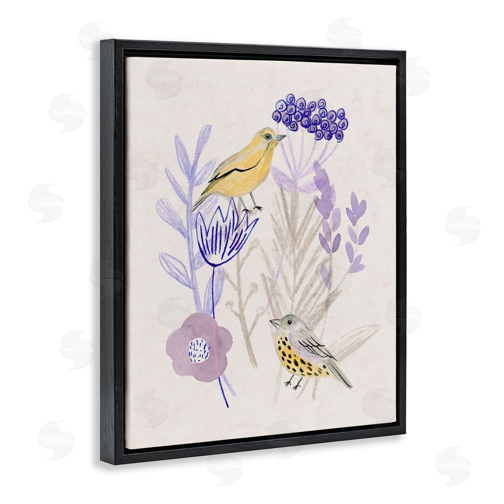 Melissa Wang Birds with Plant Sprigs Black Floating Frame Canvas Wall Art Print