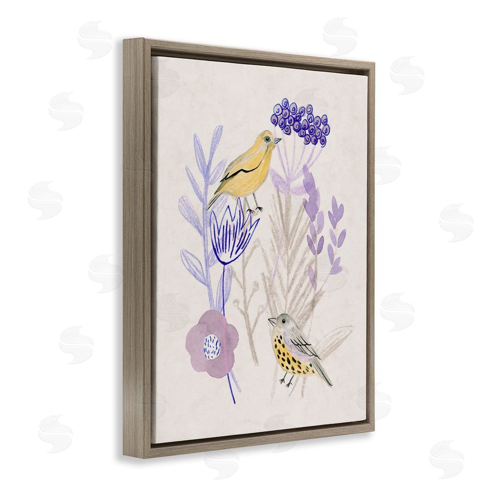 Melissa Wang Birds with Plant Sprigs Brown Floating Frame Canvas Wall Art Print