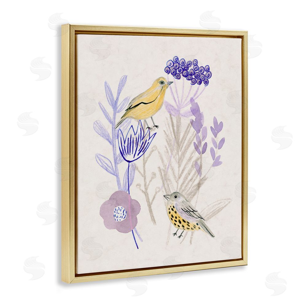 Melissa Wang Birds with Plant Sprigs Gold Floating Frame Canvas Wall Art Print