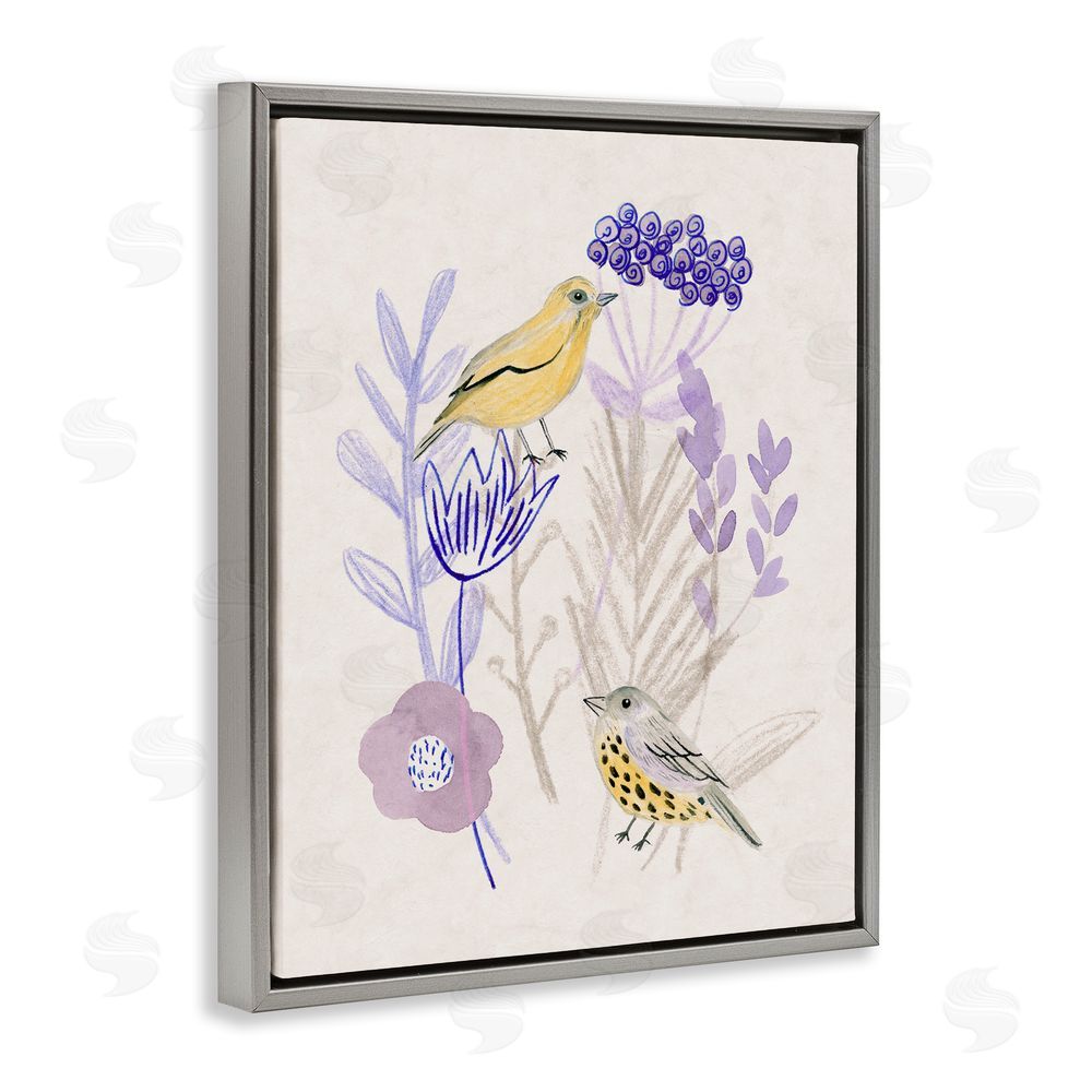 Melissa Wang Birds with Plant Sprigs Grey Floating Frame Canvas Wall Art Print