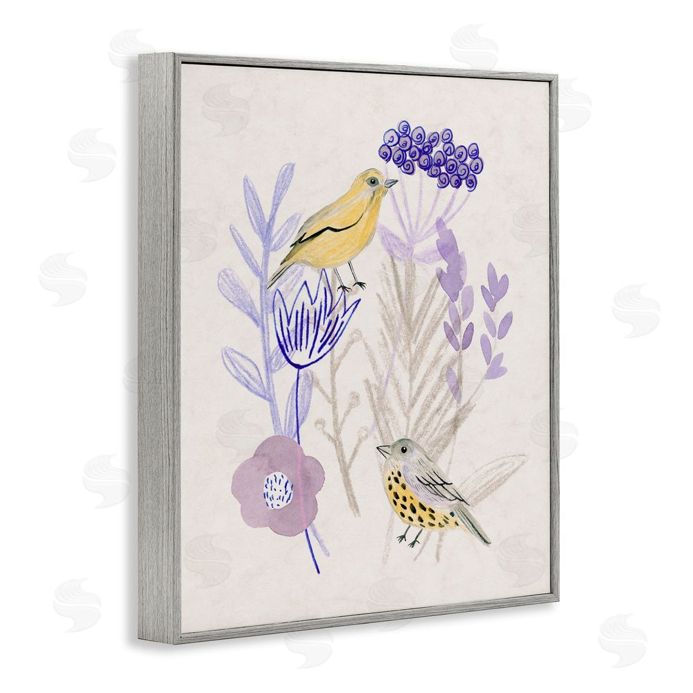 Melissa Wang Birds with Plant Sprigs Gray Framed Giclee Wall Art Print