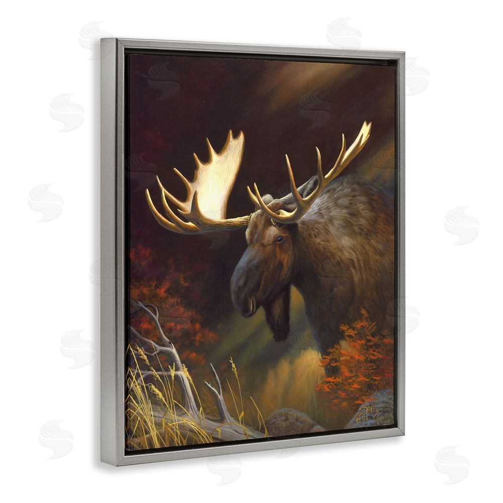 Leo Stans Woodland Moose Portrait Grey Floating Frame Canvas Wall Art Print