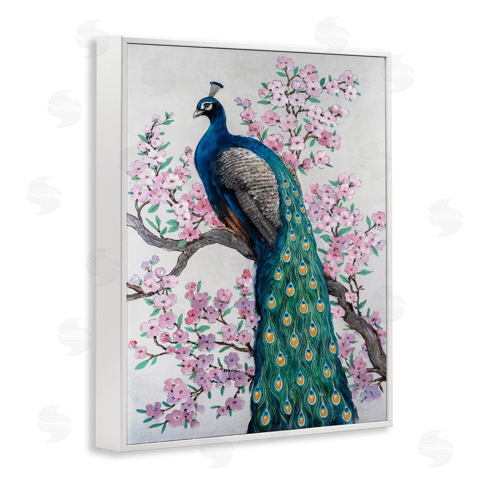 Tim O'Toole Peacock & Cherry Blossoms White Framed Giclee Wall Art Print