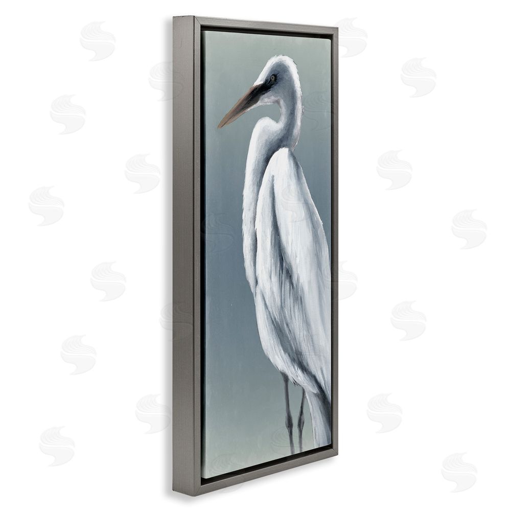 Grace Popp Traditional Egret Bird Grey Floating Frame Canvas Wall Art Print