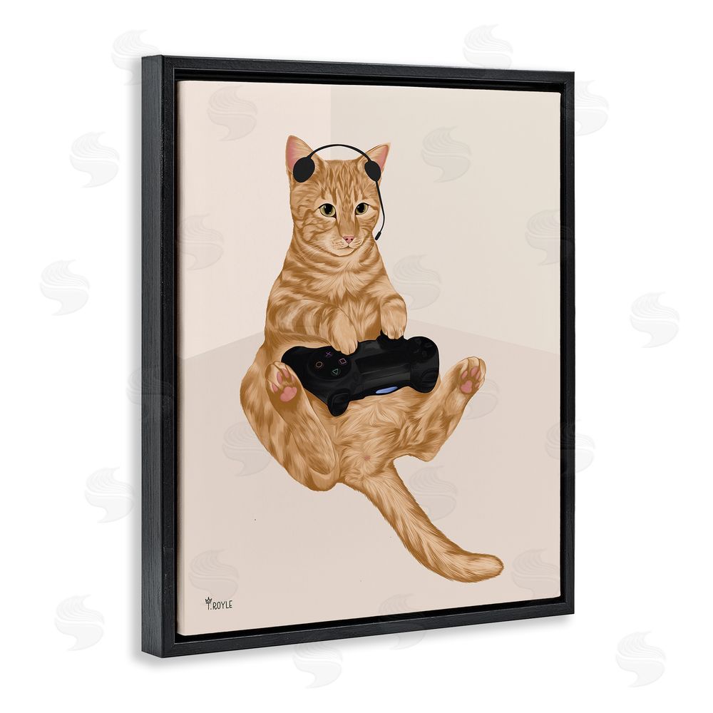 Tara Royle Gamer Tabby Cat Black Floating Frame Canvas Wall Art Print