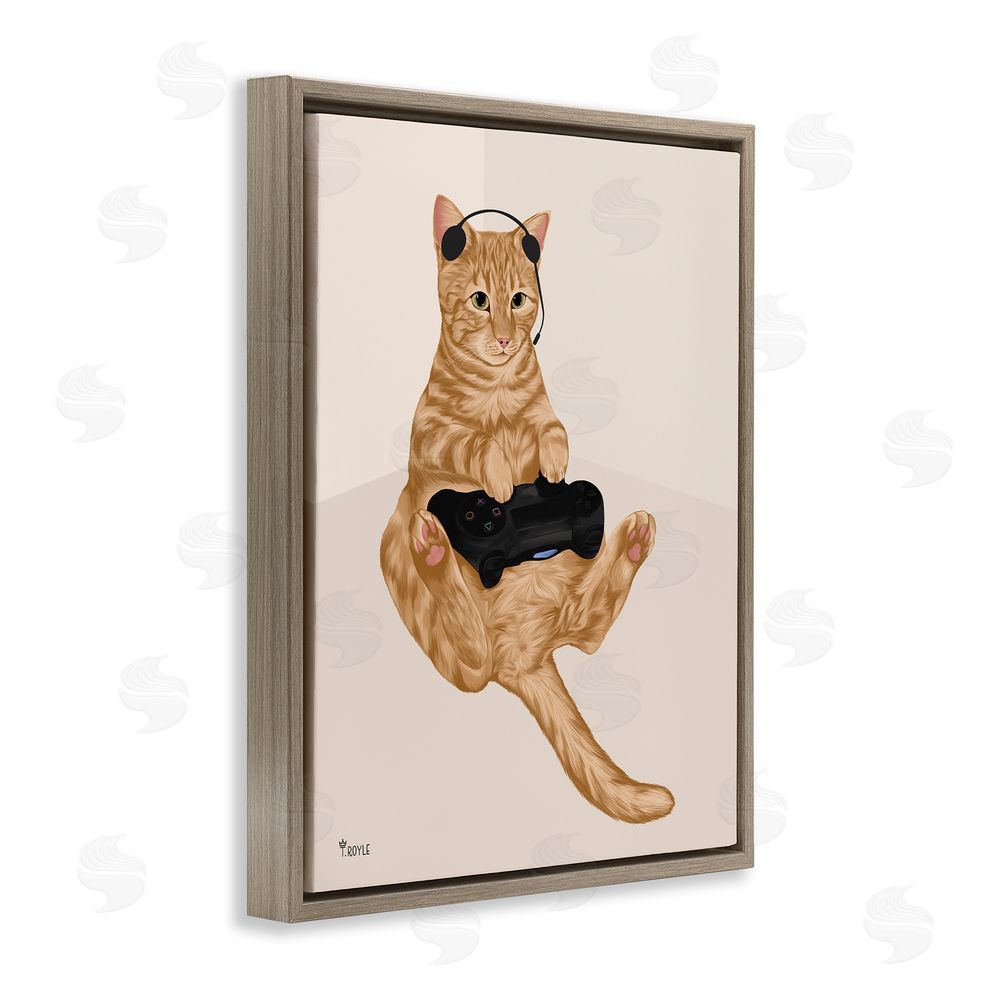 Tara Royle Gamer Tabby Cat Brown Floating Frame Canvas Wall Art Print