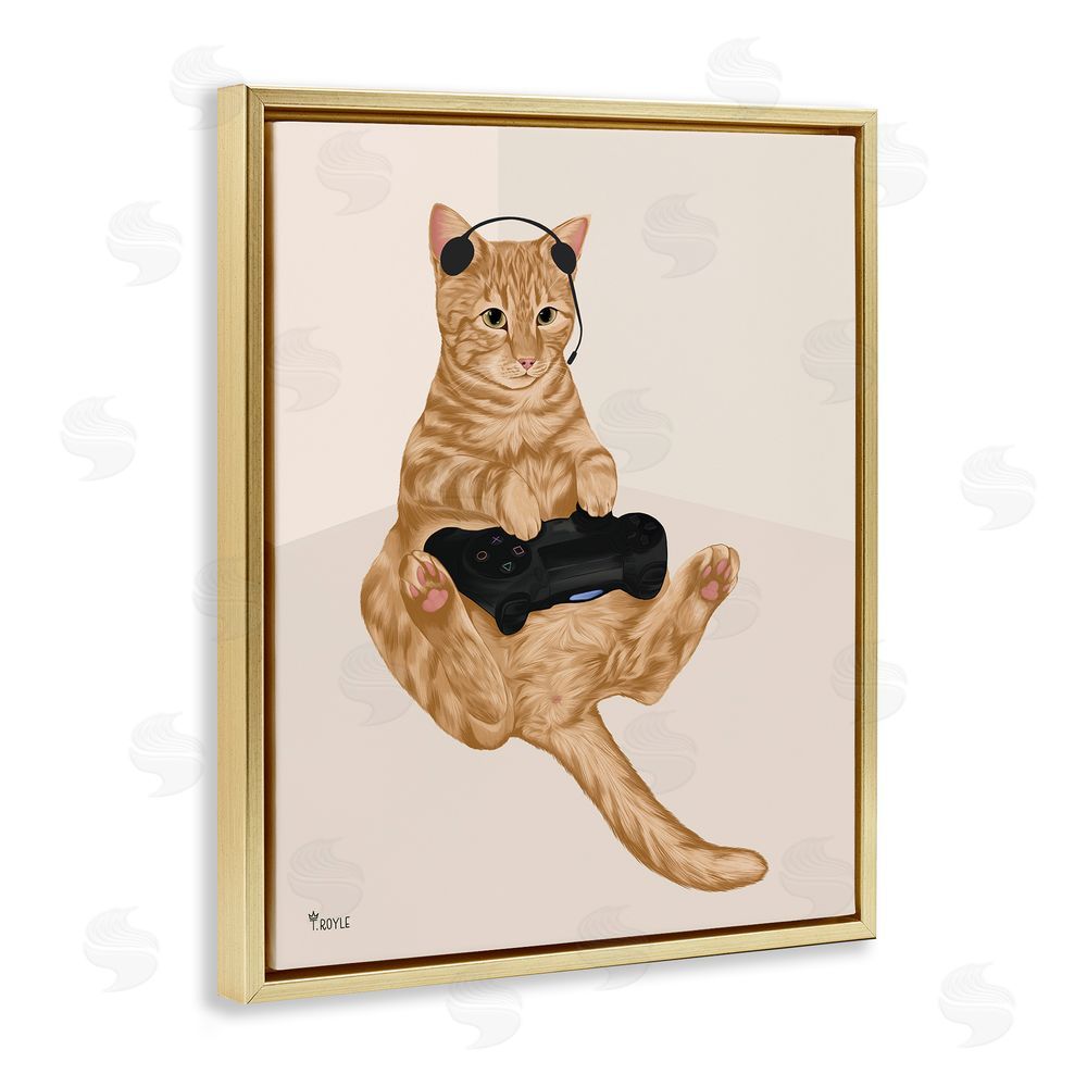 Tara Royle Gamer Tabby Cat Gold Floating Frame Canvas Wall Art Print