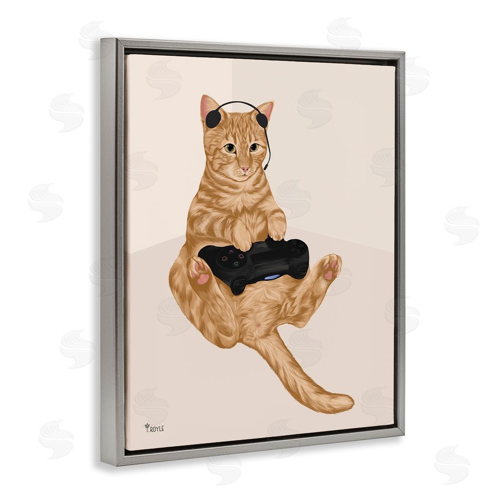 Tara Royle Gamer Tabby Cat Grey Floating Frame Canvas Wall Art Print