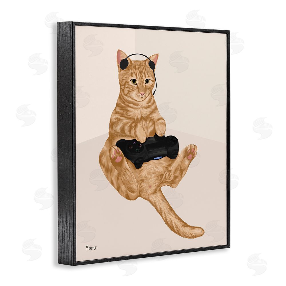 Tara Royle Gamer Tabby Cat Black Framed Giclee Wall Art Print