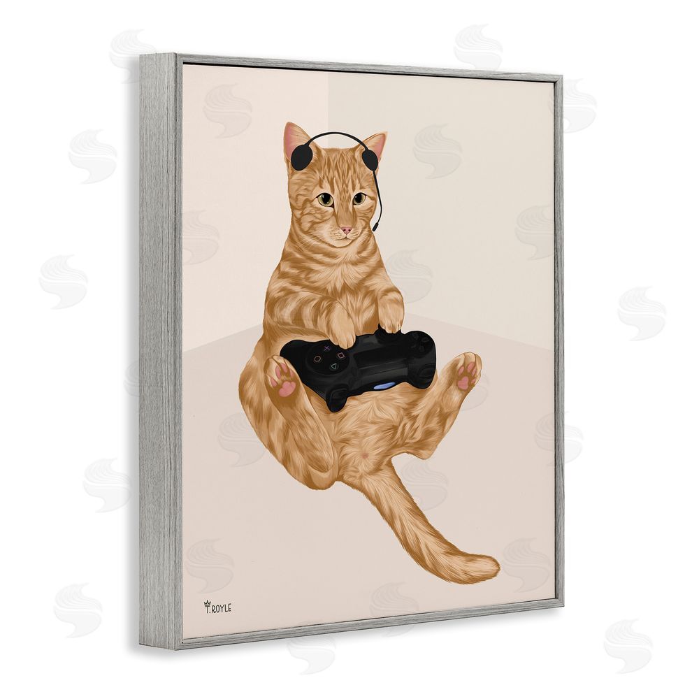 Tara Royle Gamer Tabby Cat Gray Framed Giclee Wall Art Print