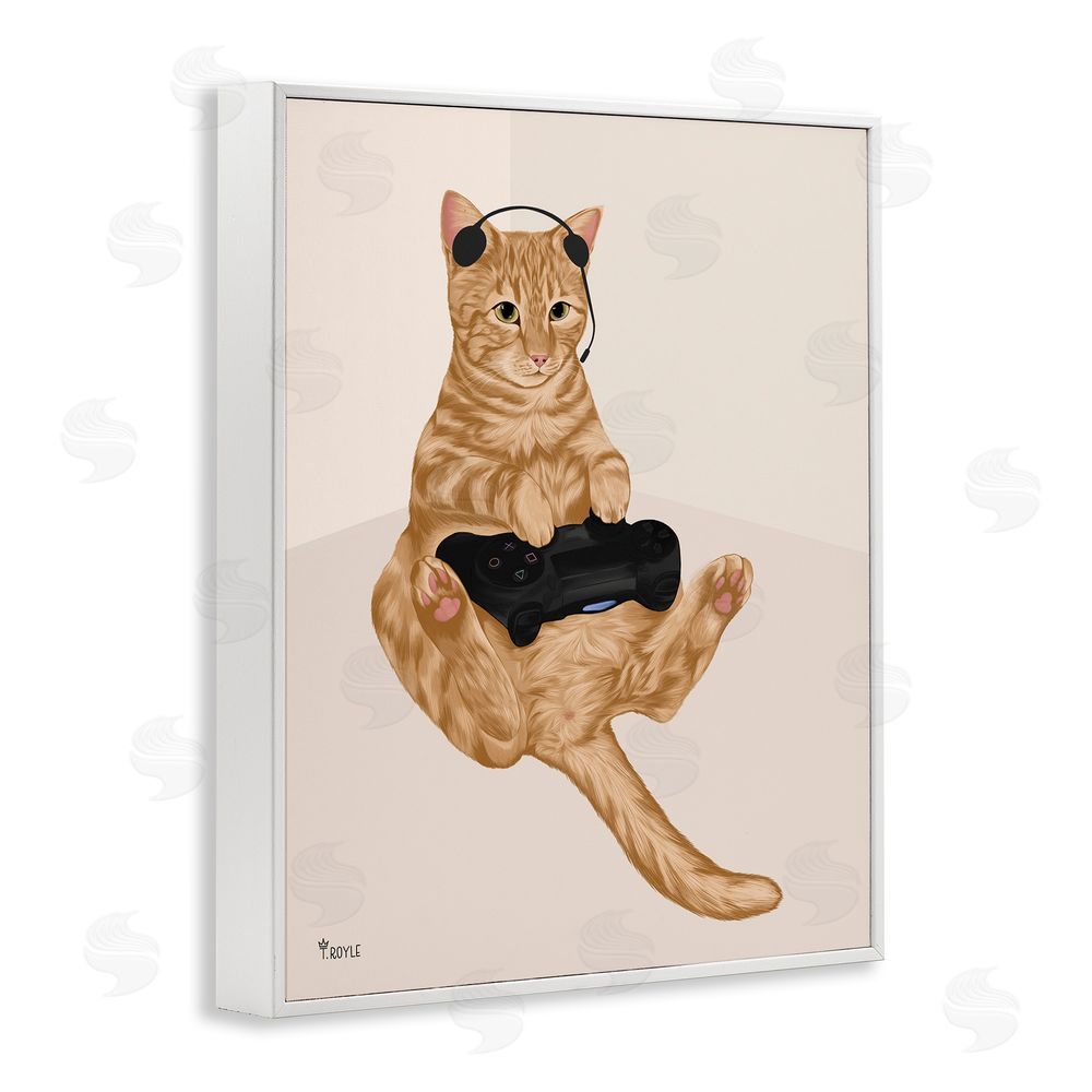 Tara Royle Gamer Tabby Cat White Framed Giclee Wall Art Print