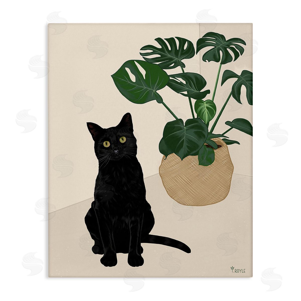 Tara Royle Black Cat & Monstera Plant Stretched Canvas Wall Art Print