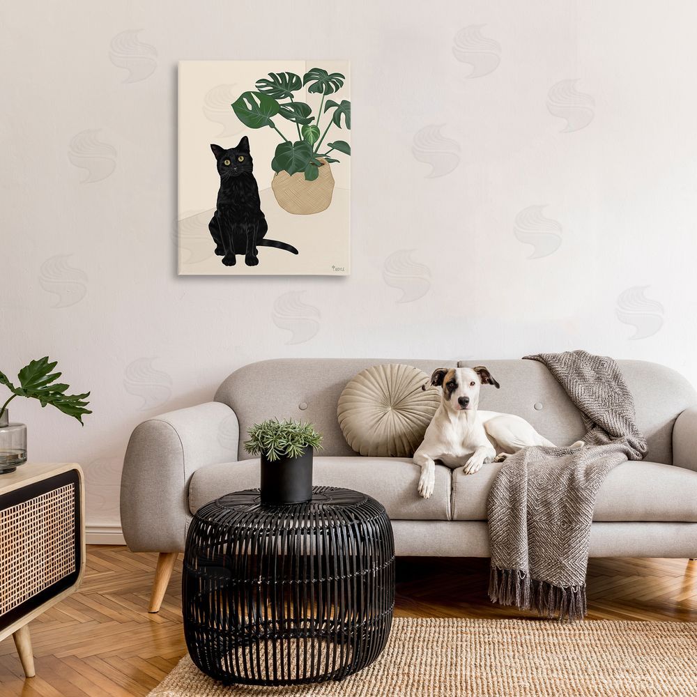 Tara Royle Black Cat & Monstera Plant Canvas Wall Art Print in Room