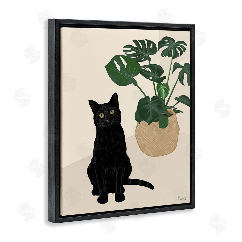Tara Royle Black Cat & Monstera Plant Black Floating Frame Canvas Wall Art Print