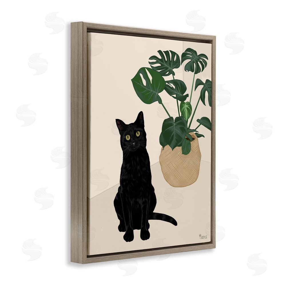 Tara Royle Black Cat & Monstera Plant Brown Floating Frame Canvas Wall Art Print