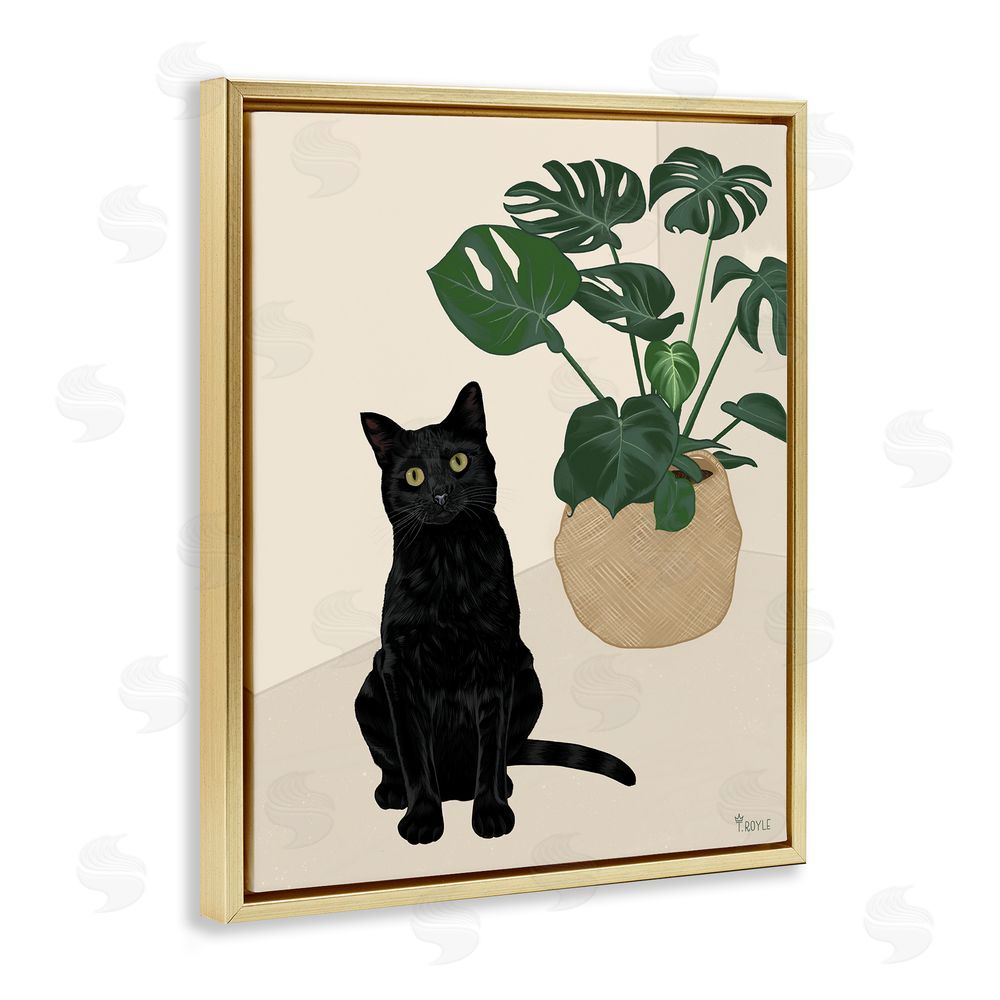 Tara Royle Black Cat & Monstera Plant Gold Floating Frame Canvas Wall Art Print