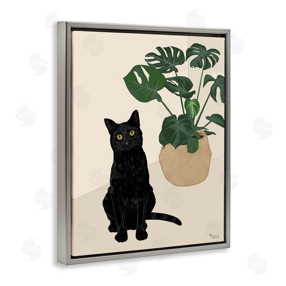 Tara Royle Black Cat & Monstera Plant Grey Floating Frame Canvas Wall Art Print