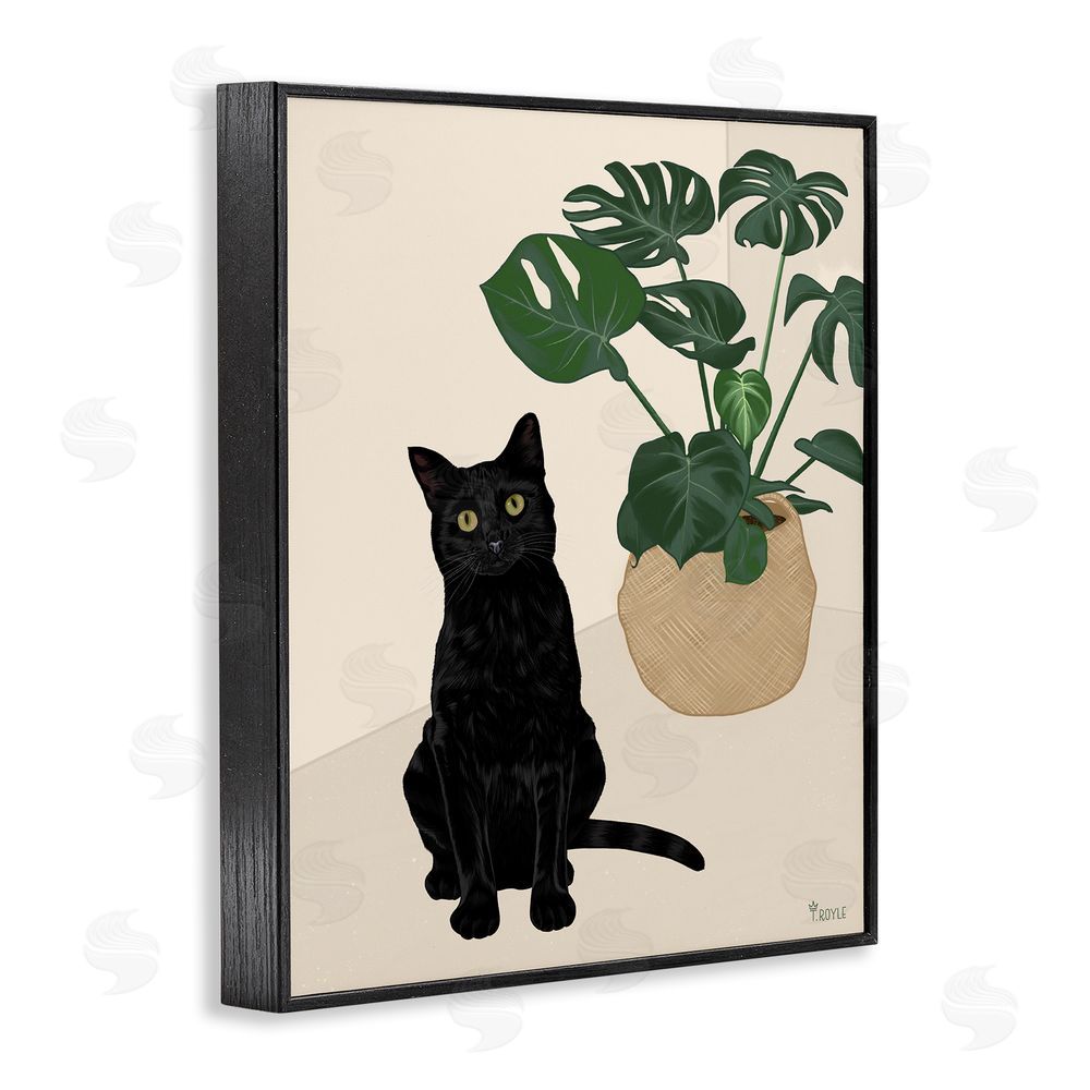 Tara Royle Black Cat & Monstera Plant Black Framed Giclee Wall Art Print