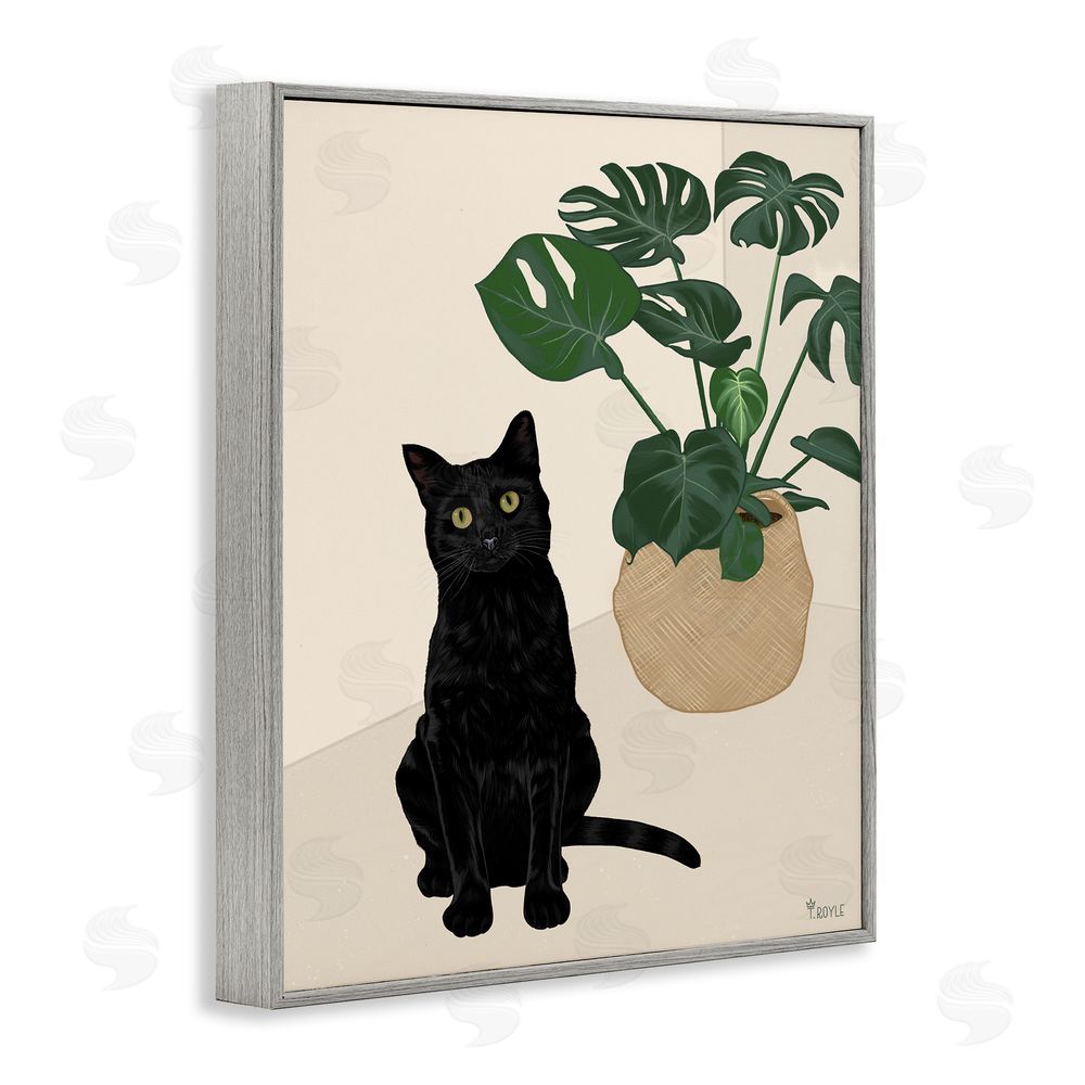Tara Royle Black Cat & Monstera Plant Gray Framed Giclee Wall Art Print
