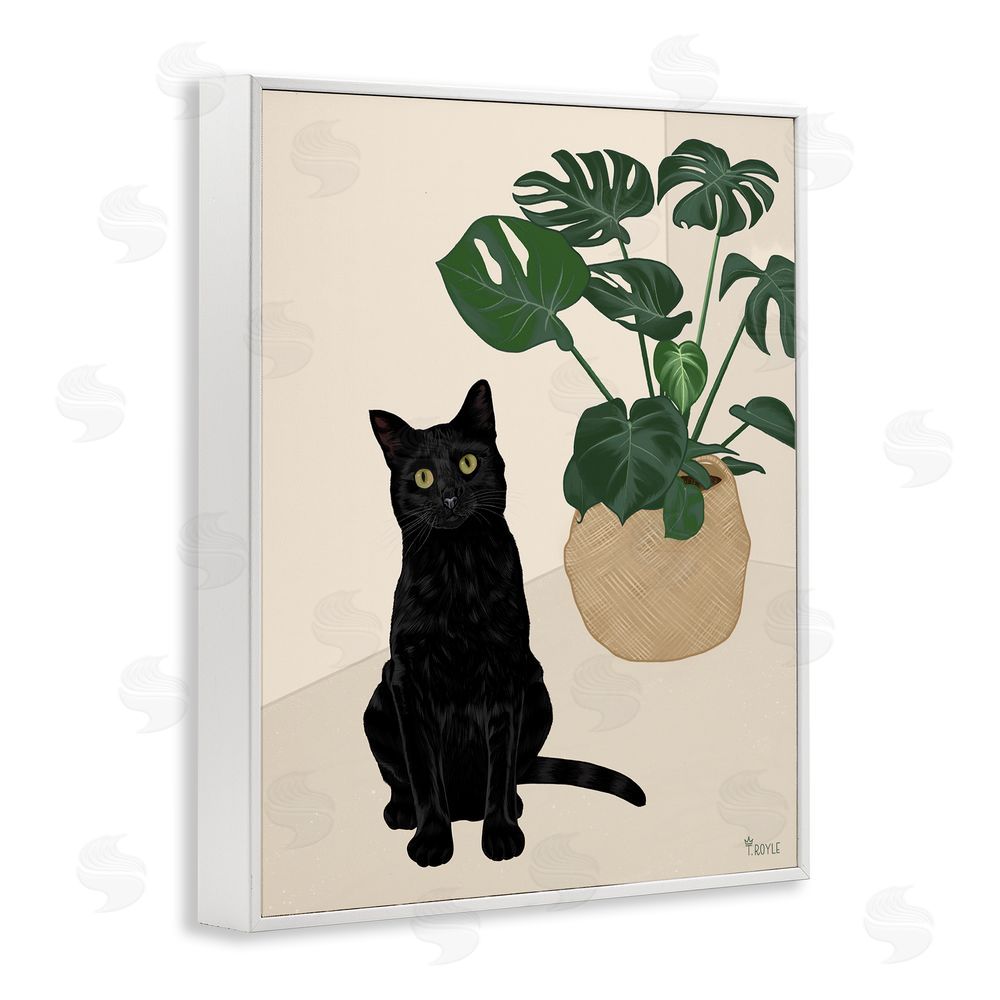 Tara Royle Black Cat & Monstera Plant White Framed Giclee Wall Art Print