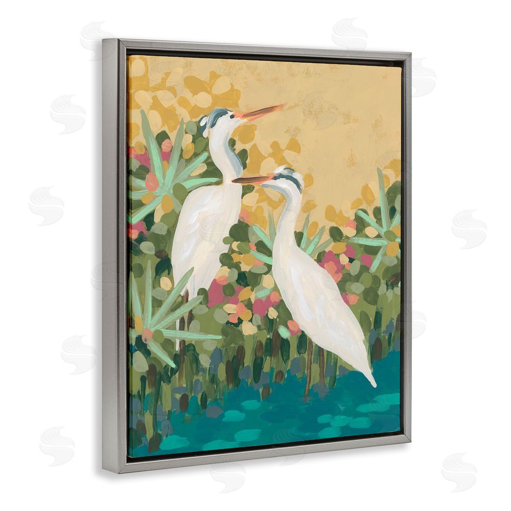 June Erica Vess Modern Birds at Pond's Edge Grey Floating Frame Canvas Wall Art Print
