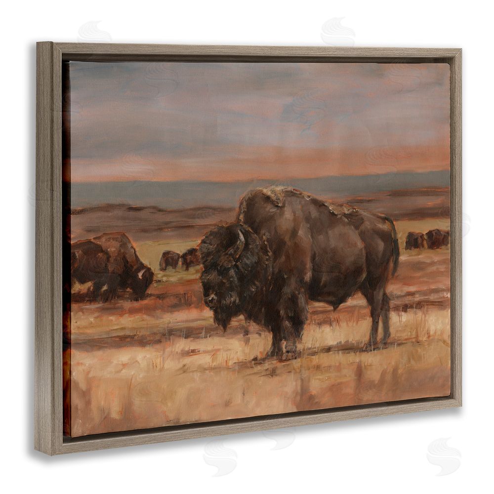Ethan Harper Rural Pasture with Bison Brown Floating Frame Canvas Wall Art Print