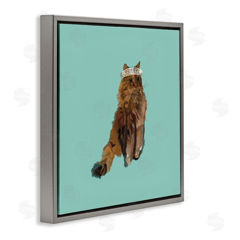 Amelia Noyes Royal Cat in Crown Gray Floating Frame Canvas Wall Art Print