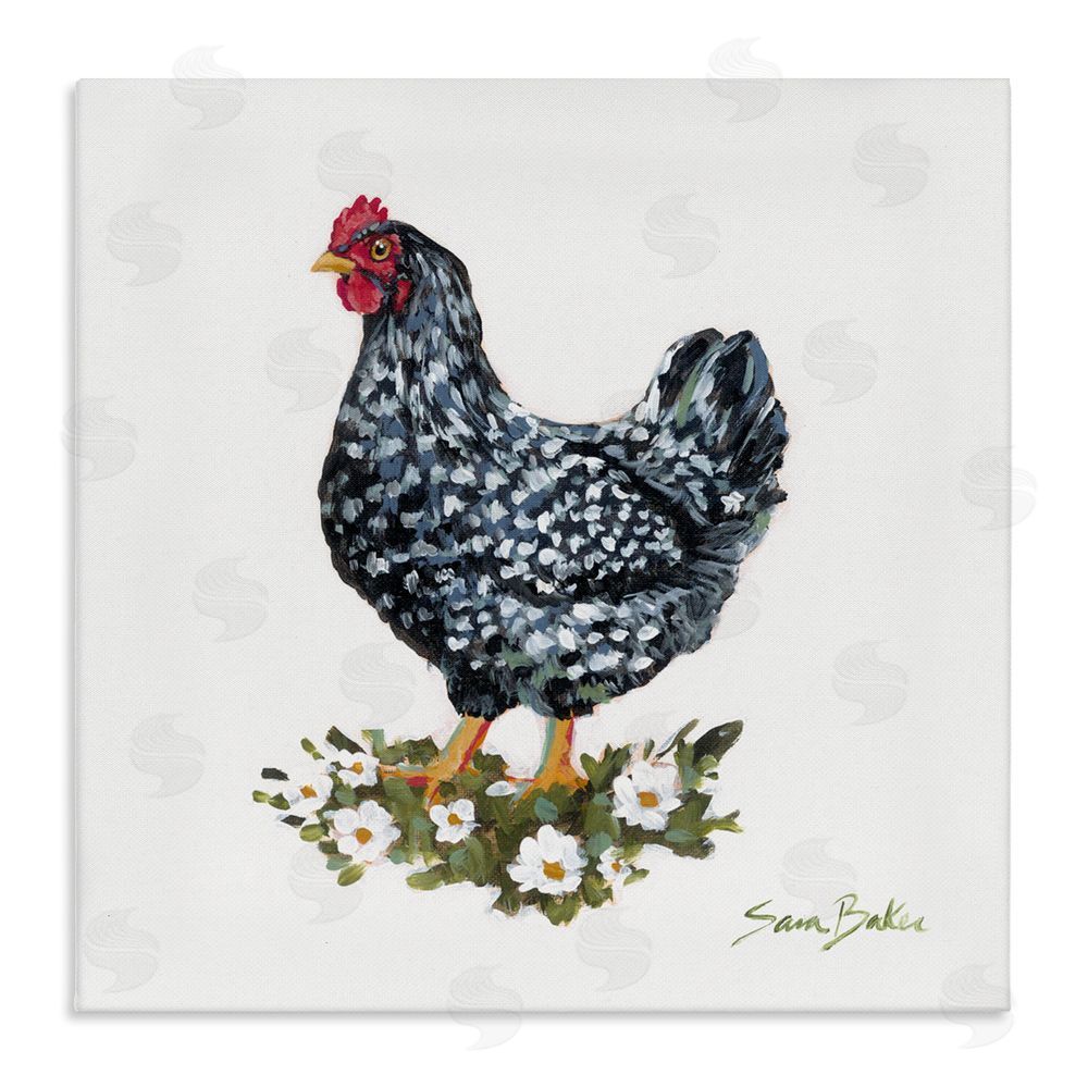 Sara Baker Country Hen with Daisies Stretched Canvas Wall Art Print