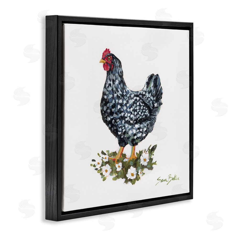 Sara Baker Country Hen with Daisies Black Floating Frame Canvas Wall Art Print