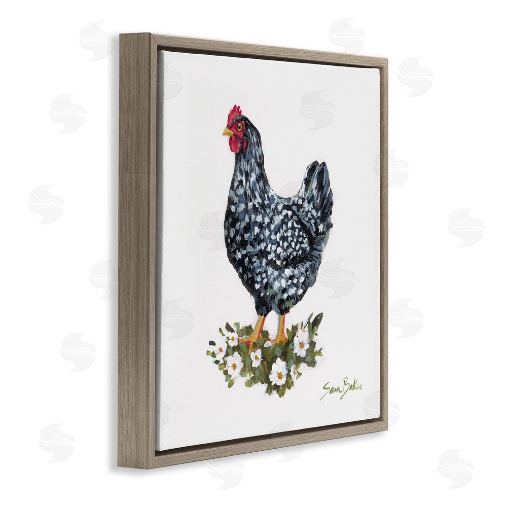 Sara Baker Country Hen with Daisies Brown Floating Frame Canvas Wall Art Print