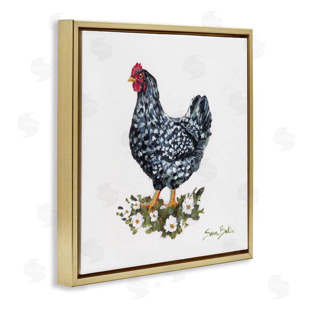 Sara Baker Country Hen with Daisies Gold Floating Frame Canvas Wall Art Print