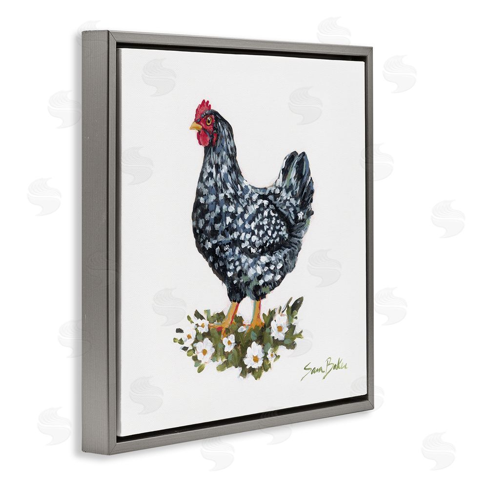 Sara Baker Country Hen with Daisies Gray Floating Frame Canvas Wall Art Print