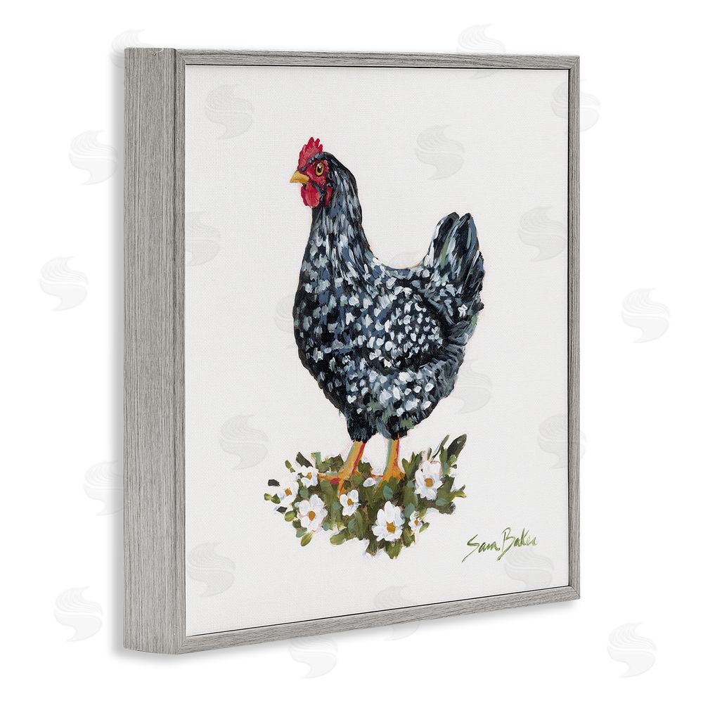Sara Baker Country Hen with Daisies Gray Framed Glicee Wall Art Print
