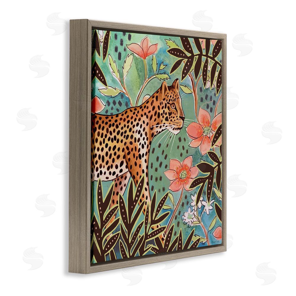 Elizabeth Tyndall Leopard & Jungle Florals Brown Floating Frame Canvas Wall Art Print
