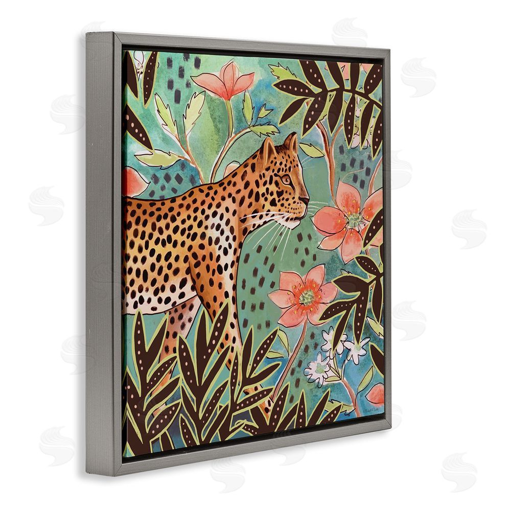 Elizabeth Tyndall Leopard & Jungle Florals Gray Floating Frame Canvas Wall Art Print